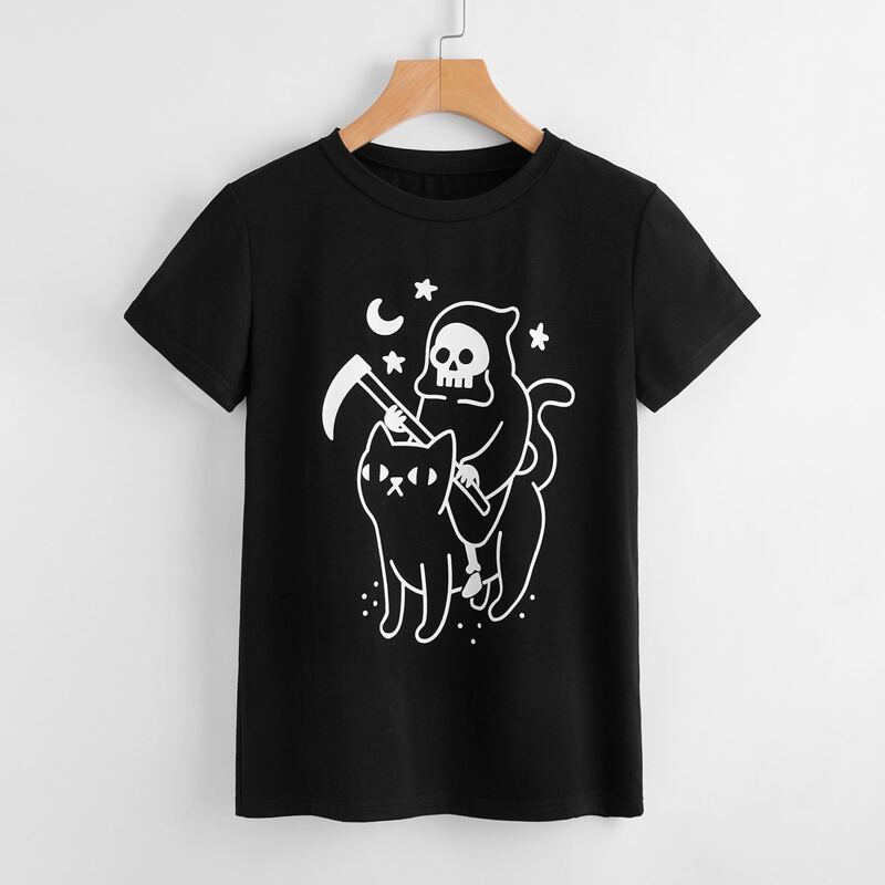

Halloween Cat & Skull Graphic Tee, Black