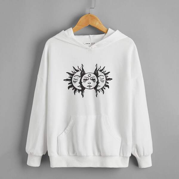 

Girls Graphic Print Kangaroo Pocket Hoodie, White