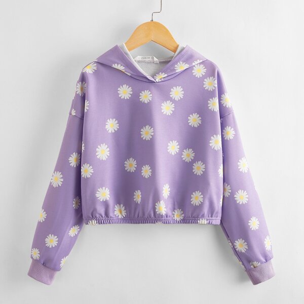 

Girls Drop Shoulder Daisy Floral Hoodie, Lilac purple