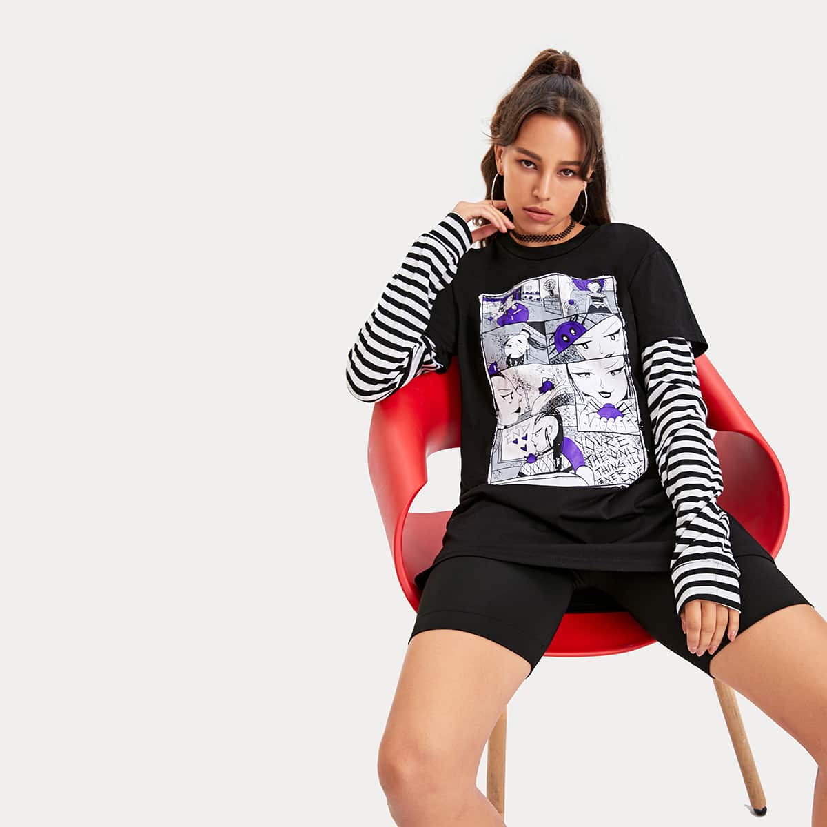 

2 In 1 Figure Graphic Oversized Tee, Black