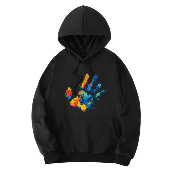 

Men Hand Print Drawstring Hoodie, Black