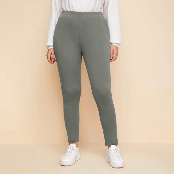 

Plus Solid Elastic Waist Leggings, Grey