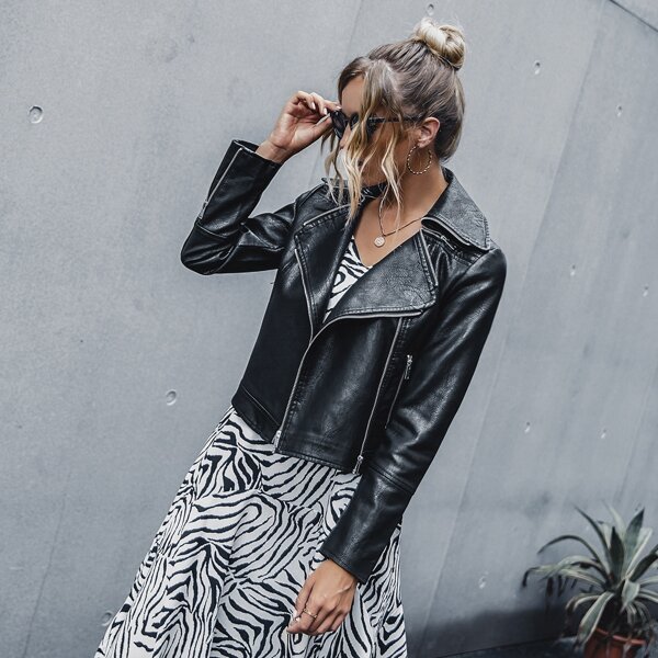 

Zip Up PU Leather Moto Jacket, Black