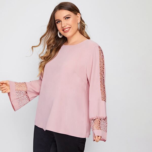 

Plus Guipure Lace Panel Flounce Sleeve Blouse, Baby pink