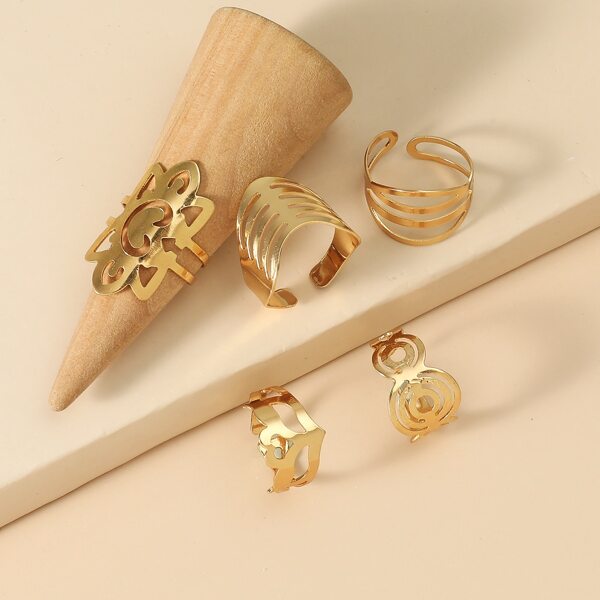 

5pcs Hollow Out Heart Decor Ring, Gold