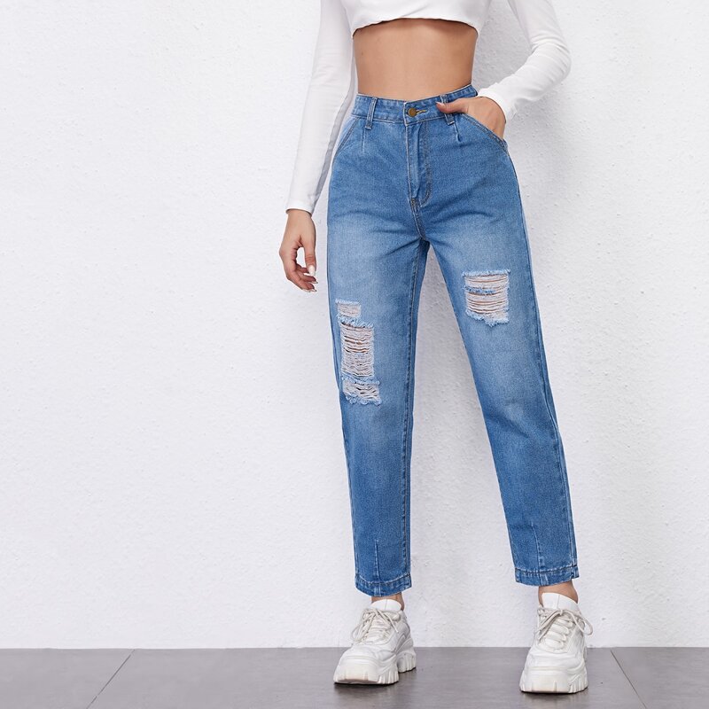 

High Waist Slant Pocket Ripped Mom Jeans, Medium wash