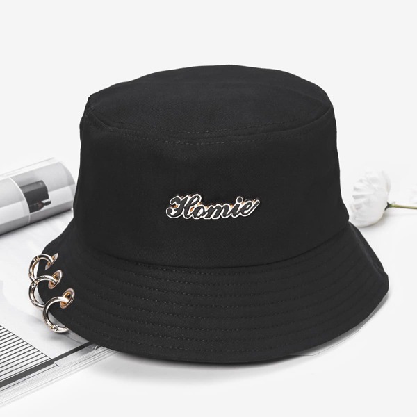 

Men Metal Ring Decor Bucket Hat, Black