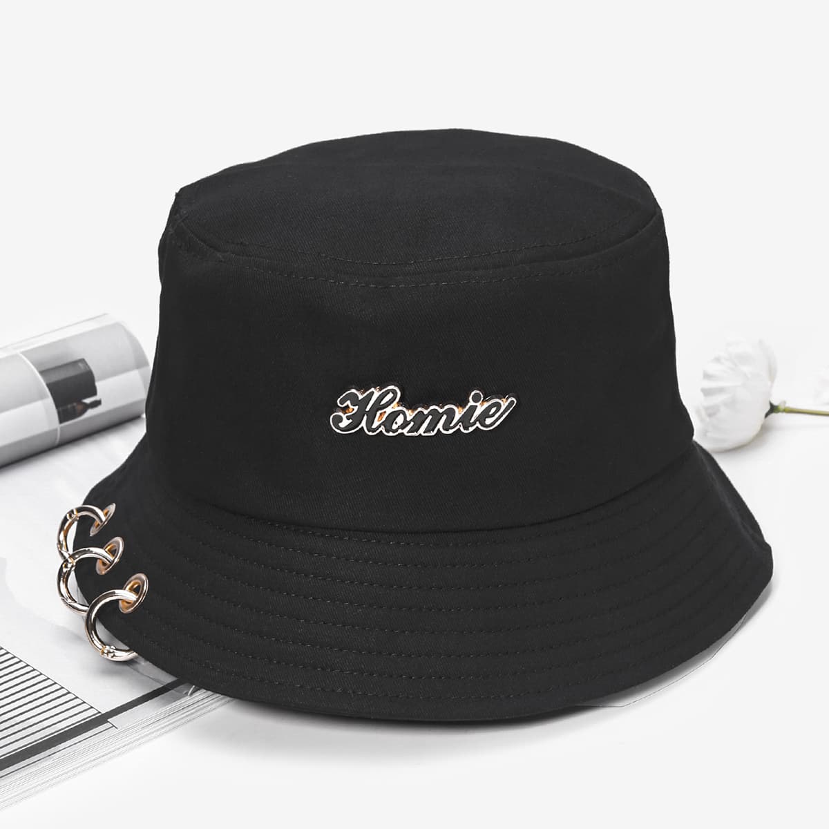 

Guys Metal Ring Decor Bucket Hat, Black