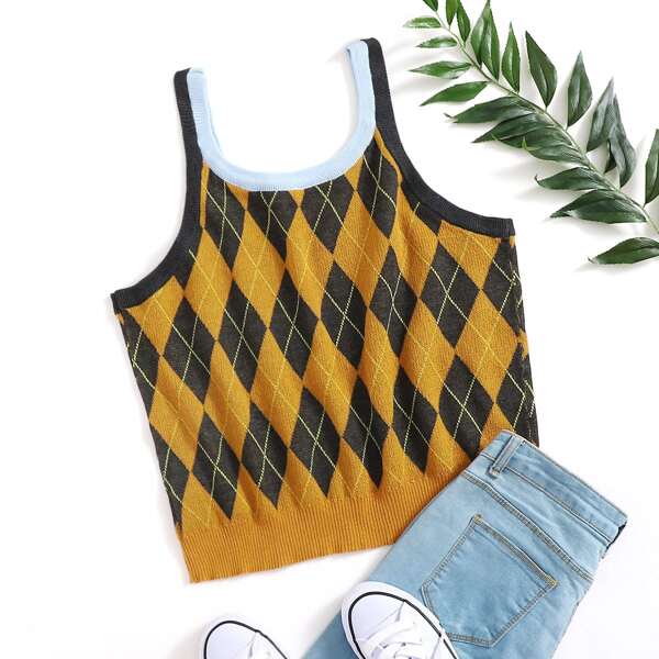 

Plus Argyle Pattern Cami Knit Top, Multicolor