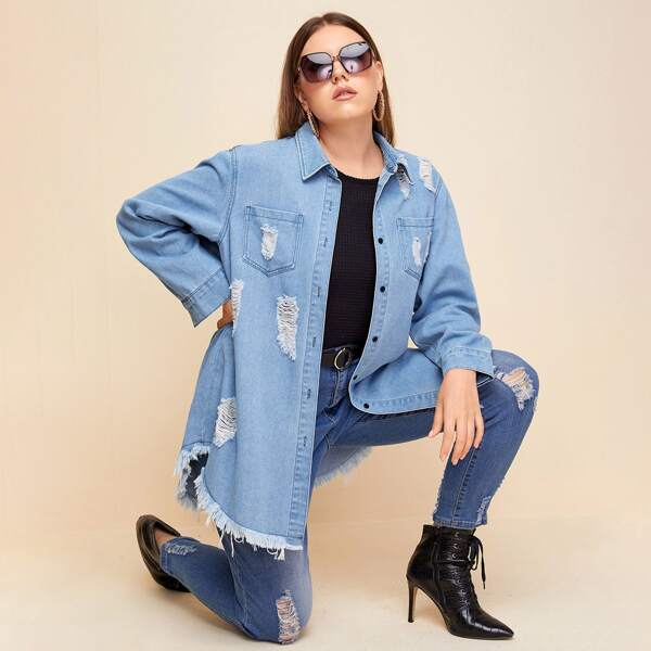 

Plus Button Front Raw Hem Ripped Denim Jacket, Light wash