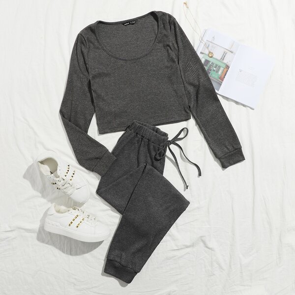 

Scoop Neck Rib-knit Tee & Knotted Pants Set, Dark grey