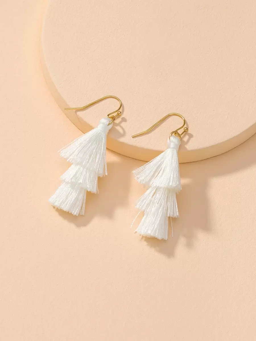 Tiered Tassel Drop Earrings - White - View 1