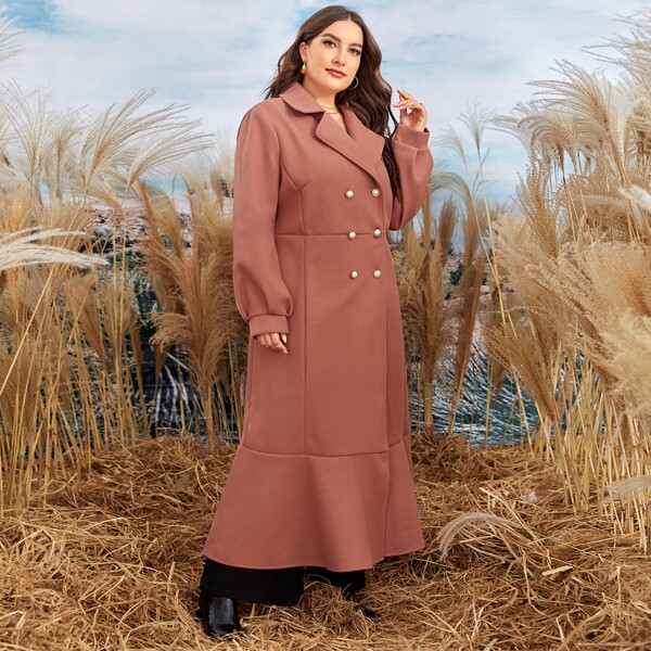 

Plus Solid Double Breasted Ruffle Hem Overcoat, Redwood