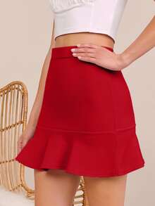SHEIN BAE Solid Ruffle Hem Skirt - Burgundy - View 3