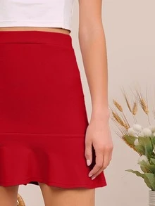 SHEIN BAE Solid Ruffle Hem Skirt - Burgundy - View 5