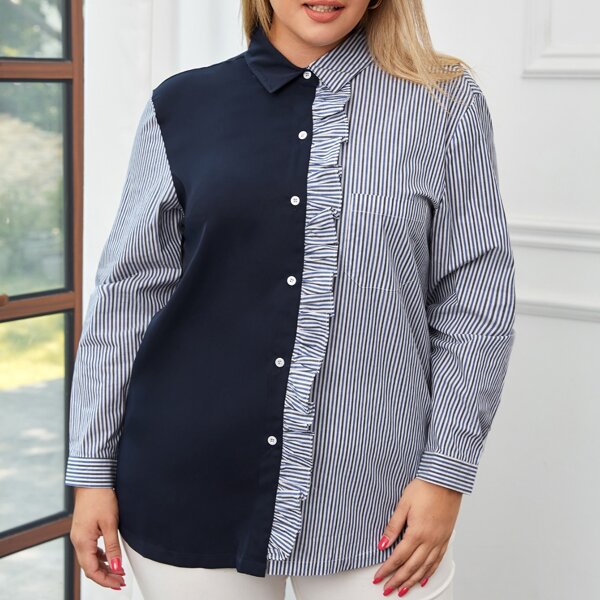 

Plus Two Tone Striped Ruffle Trim Blouse, Multicolor