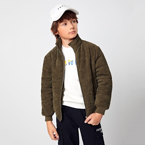 

Boys High Neck Zipper Placket Cord Puffer Jacket, Army green