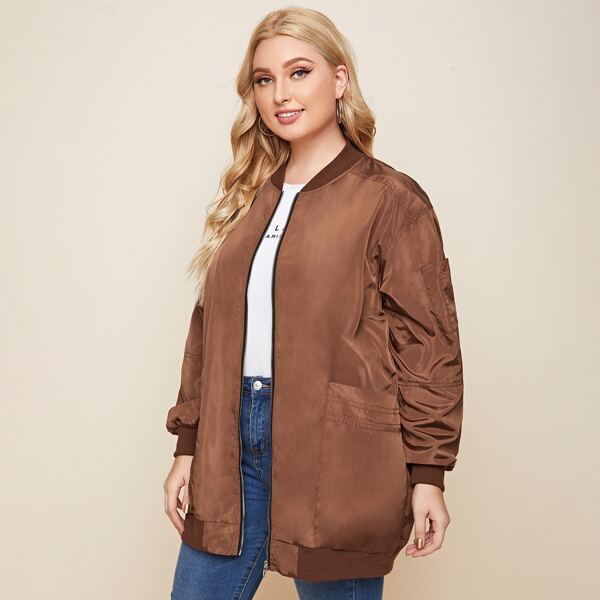 

Plus Zip Up Bomber Jacket, Coffee brown