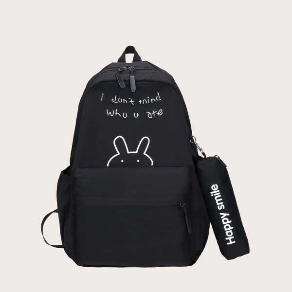 

Girls Slogan Graphic Backpack With Pencil Case, Black
