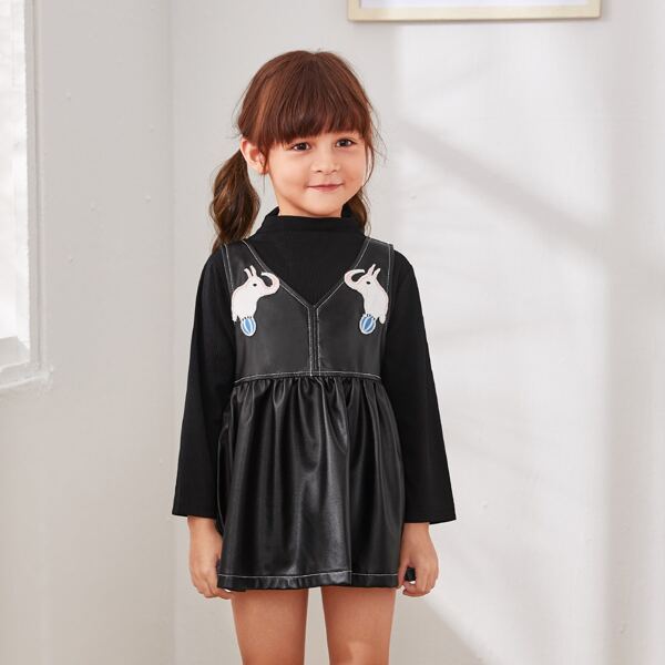 

Toddler Girls Rib-knit Tee & Cartoon Graphic PU Leather Babydoll Dress, Black