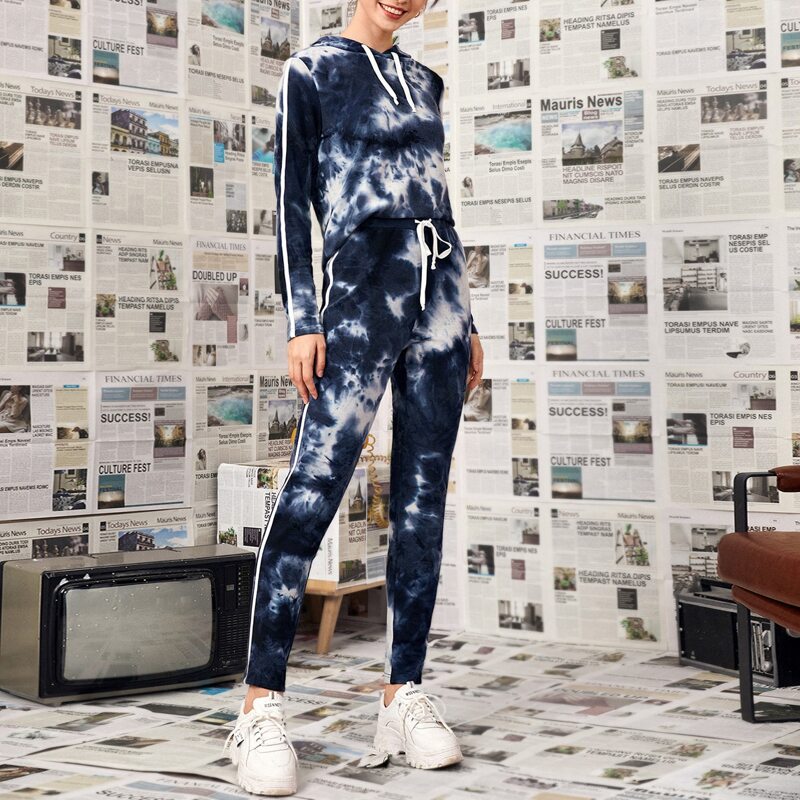 

Tie Dye Drawstring Hoodie With Joggers, Navy blue