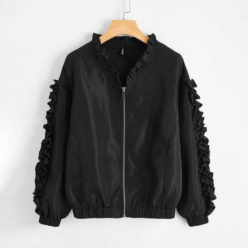

Frill Trim Windbreaker Jacket, Black