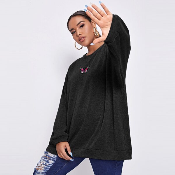 

Plus Butterfly Embroidered Oversized Longline Lined Pullover, Black