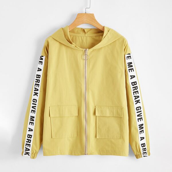 

Letter Tape Pocket Ring Zipper Up Jacket, Yellow