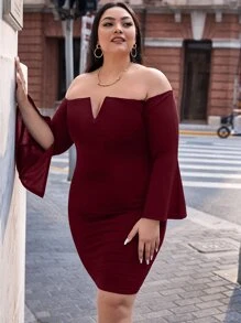 SHEIN Belle Plus V-cut Off Shoulder Split Sleeve Dress - Maroon - View 4
