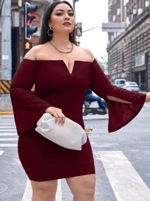 SHEIN Belle Plus V-cut Off Shoulder Split Sleeve Dress - Maroon - View 5