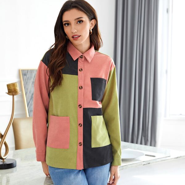 

Cut And Sew Patched Pocket Button Coat, Multicolor