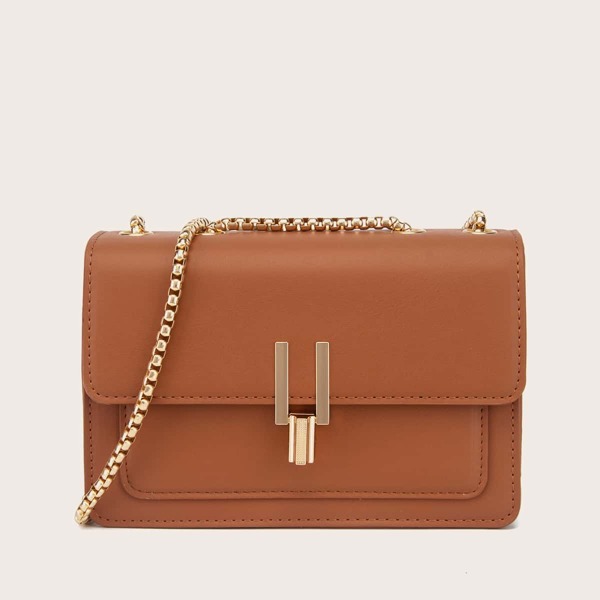 

Metal Lock Flap Chain Shoulder Bag, Brown