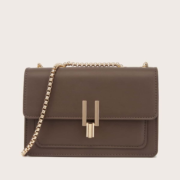 

Metal Lock Flap Chain Shoulder Bag, Coffee brown