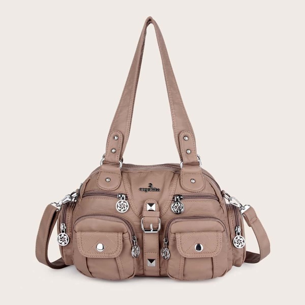 

Studded Decor Pocket Front Shoulder Bag, Brown