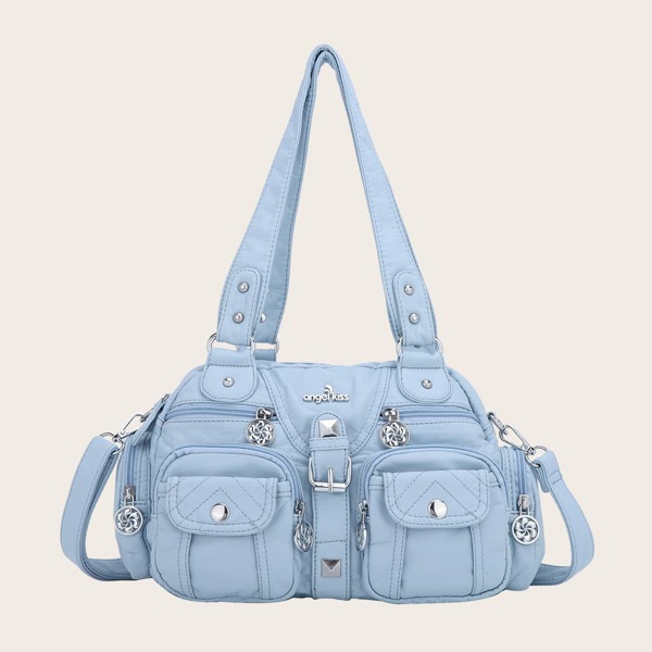 

Studded Decor Pocket Front Shoulder Bag, Baby blue