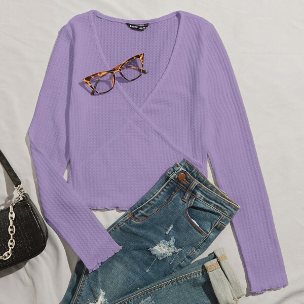 

Surplice Neck Lettuce Trim Waffle Knit Top, Lilac purple