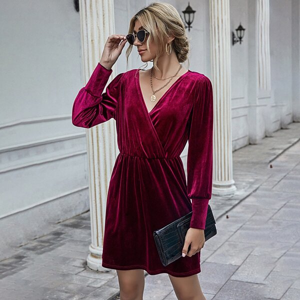 

Velvet Puff Sleeve Surplice Front Dress, Maroon