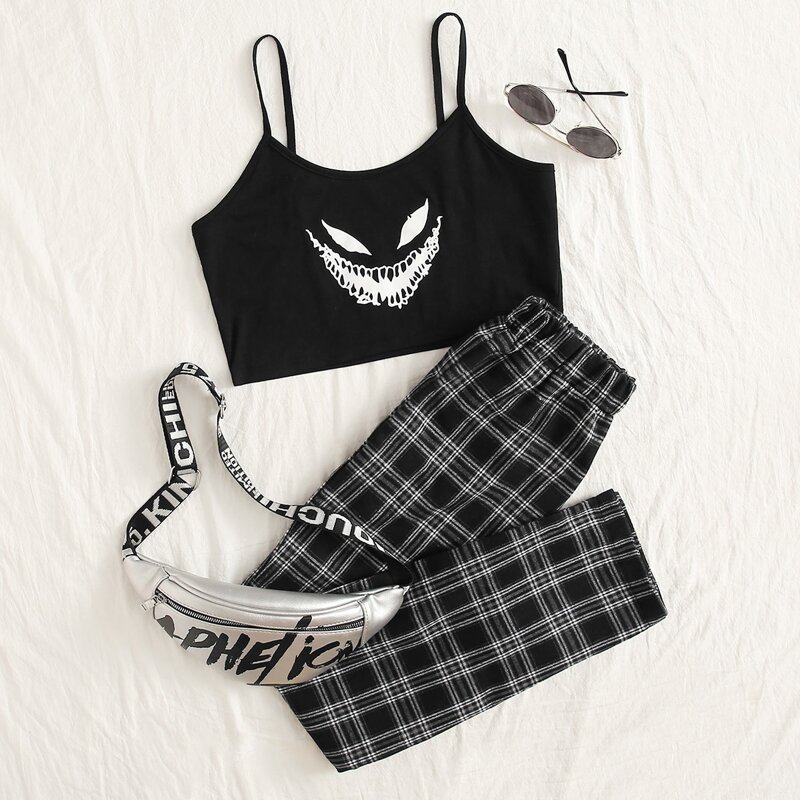 

Halloween Graphic Crop Cami & Plaid Pants, Black