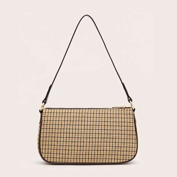 

Plaid Zip Up Baguette Bag, Multicolor