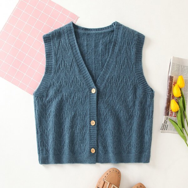 

Solid Button Up Crop Sweater Vest, Dusty blue