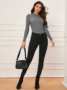 SHEIN Privé Solid Regular Sleeve Fitted Jumper - Grey - View 3