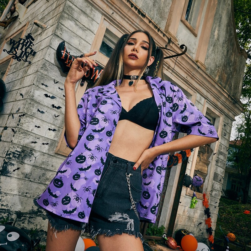 

Halloween Print Oversized Shirt, Violet purple