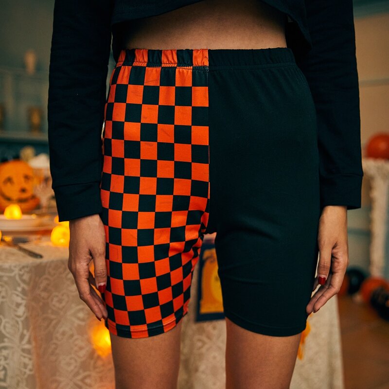 

Halloween Checkerboard Spliced Biker Shorts, Multicolor