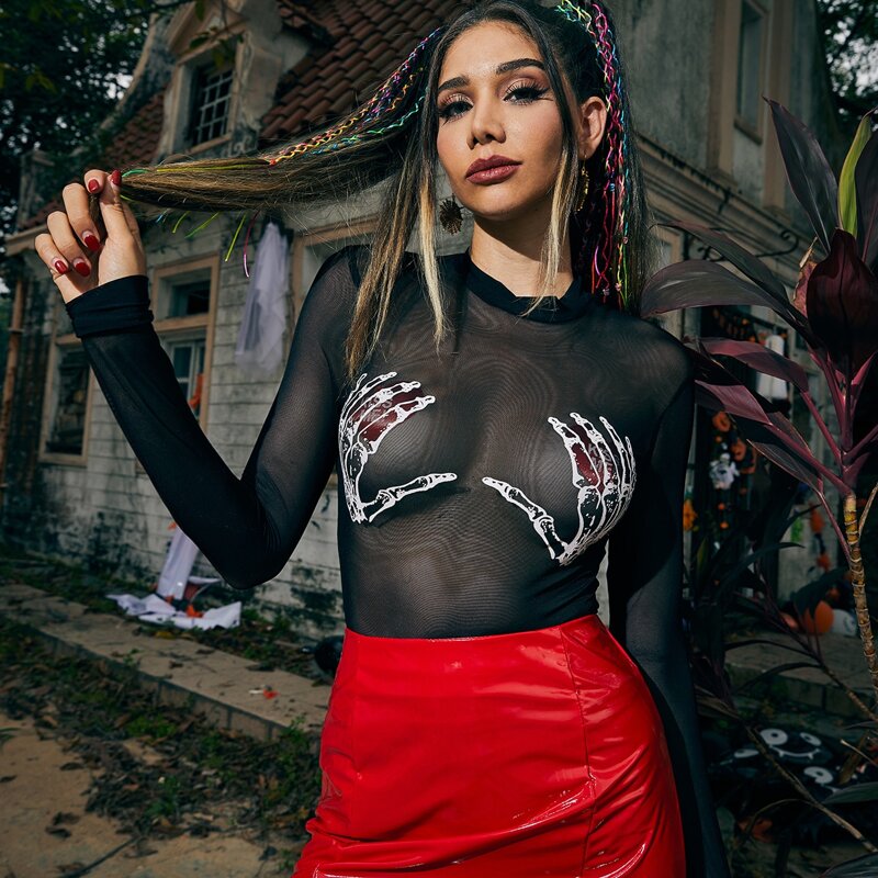 

Halloween Skeleton Graphic Sheer Mesh Top, Black