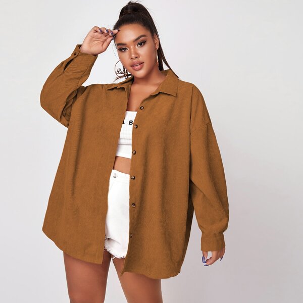 

Plus Corduroy Drop Shoulder Button Up Coat, Mocha brown