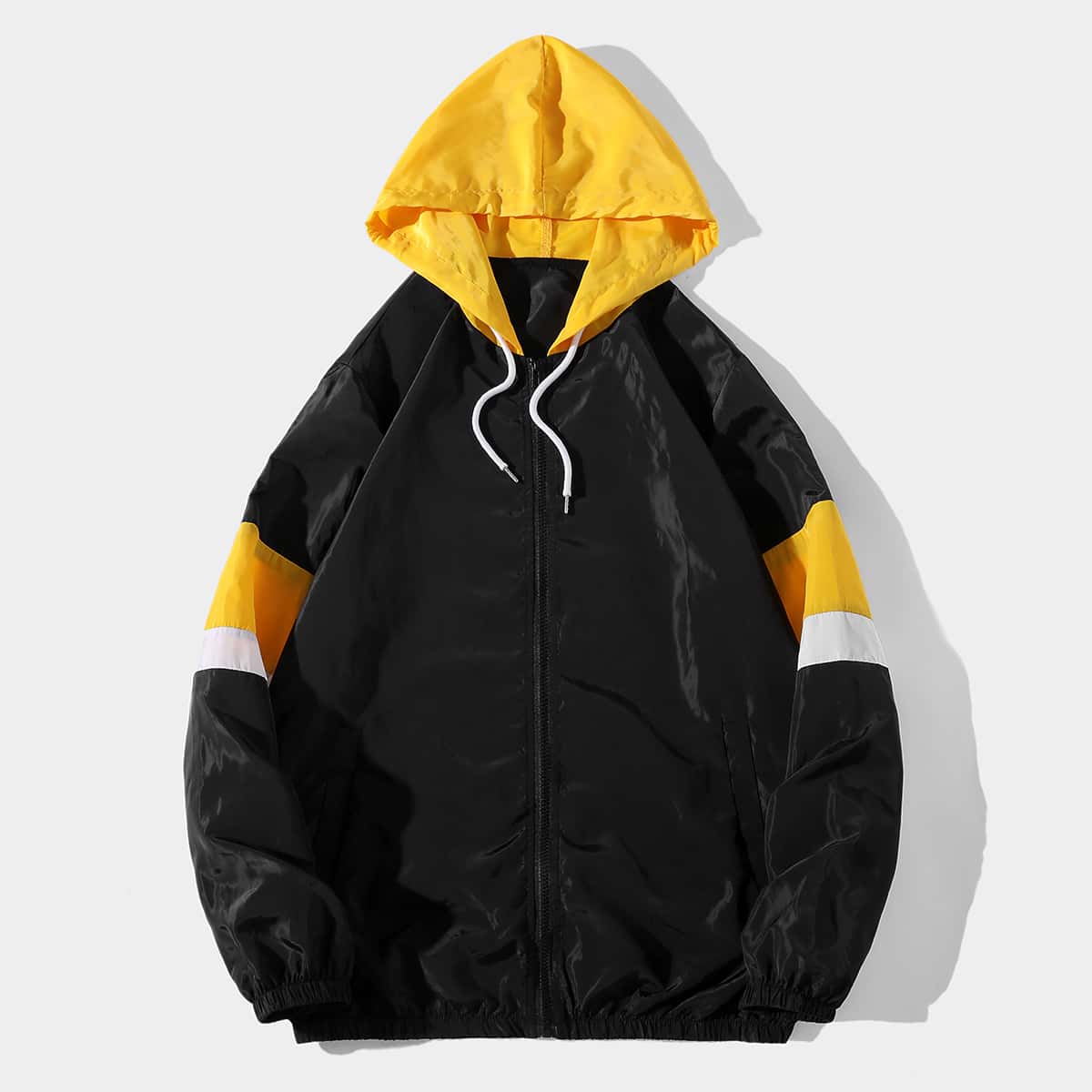 

Men Color Block Zip Up Drawstring Hooded Windbreaker Jacket, Black