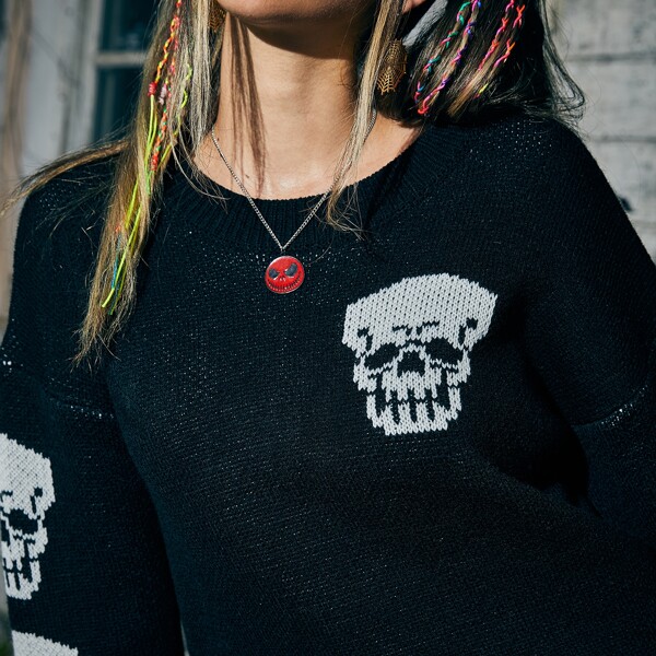 

Halloween Skull Pattern Drop Shoulder Sweater, Black