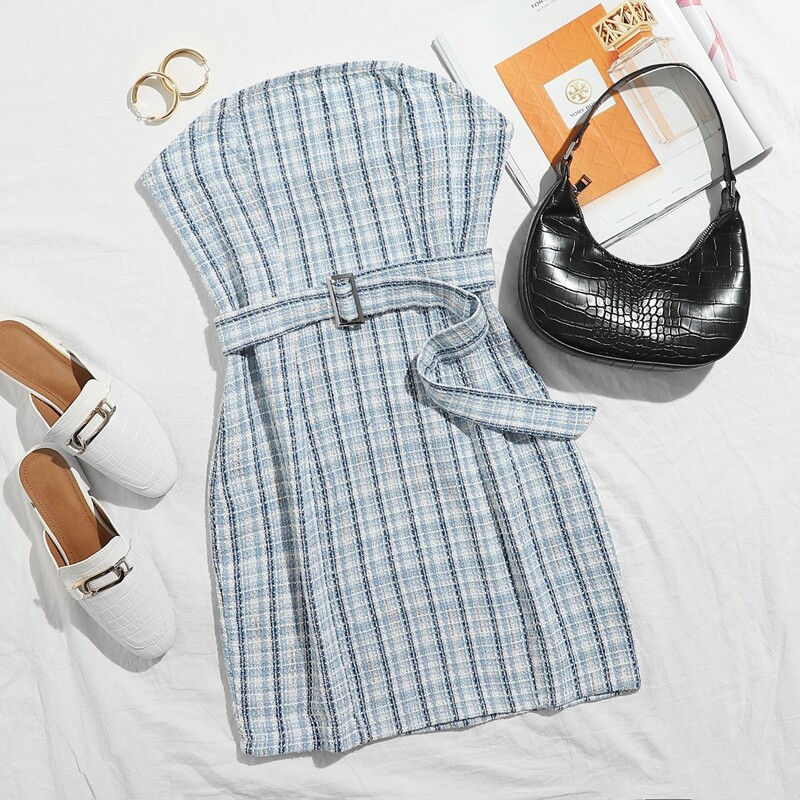 

Plaid Buckle Belted Tweed Tube Dress, Blue and white