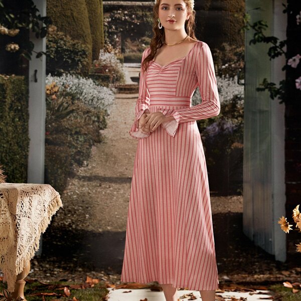 

Sweetheart Neckline Flounce Sleeve Stripe Dress, Pink