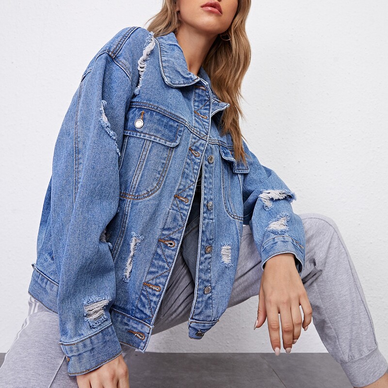

Ripped Button Up Denim Trucker Jacket, Medium wash